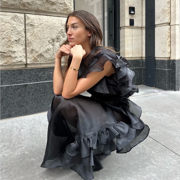 Marlies Grace Bea Dress Ruffle Sheer Satin black XS X Small maxi formal NEW - Picture 7 of 16
